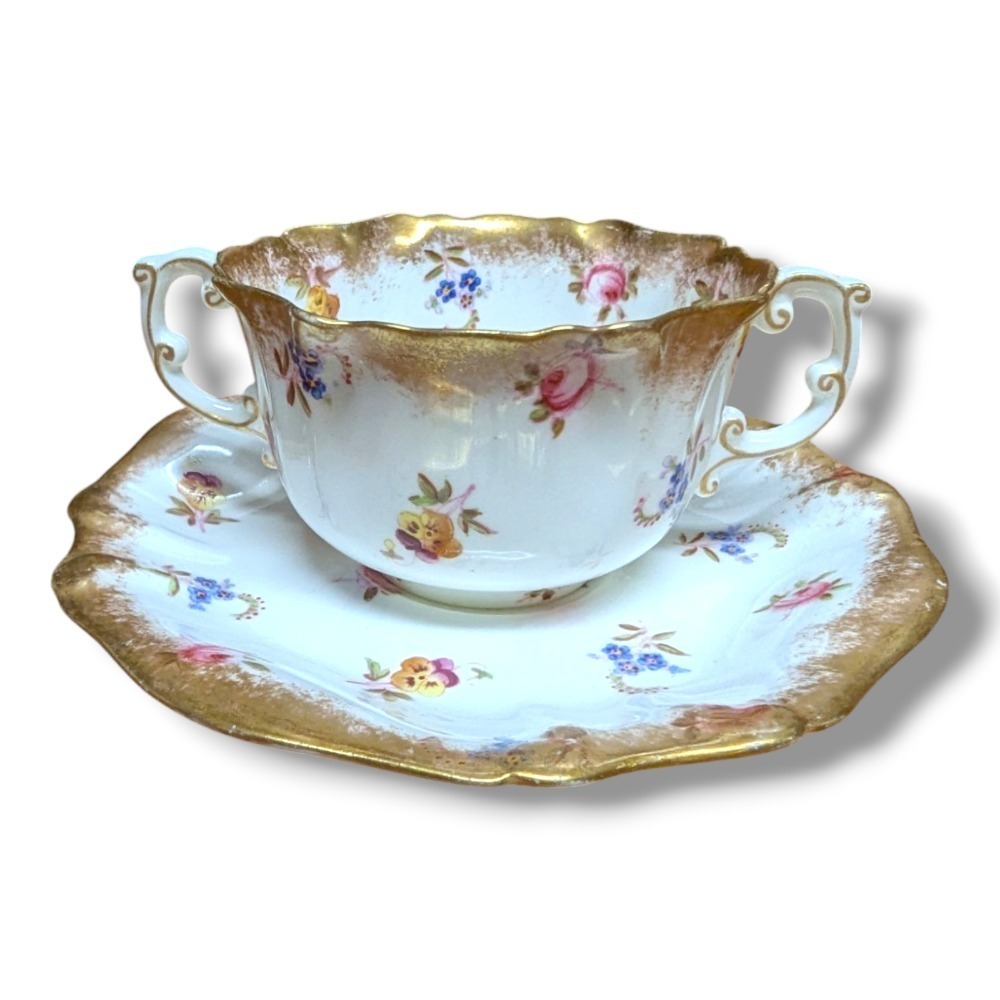 Antique Hammersley England Floral Handled Bouillon Cup & Saucer Set Gold Gilt